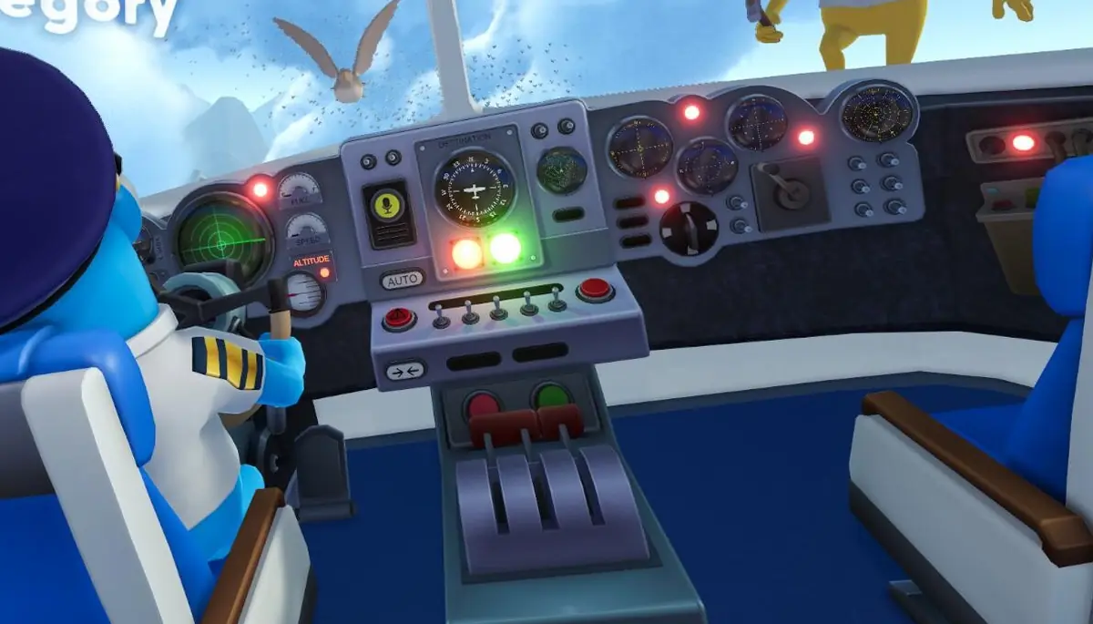Blue pilot at the cockpit dashboard below an Airplane Status schematic screen