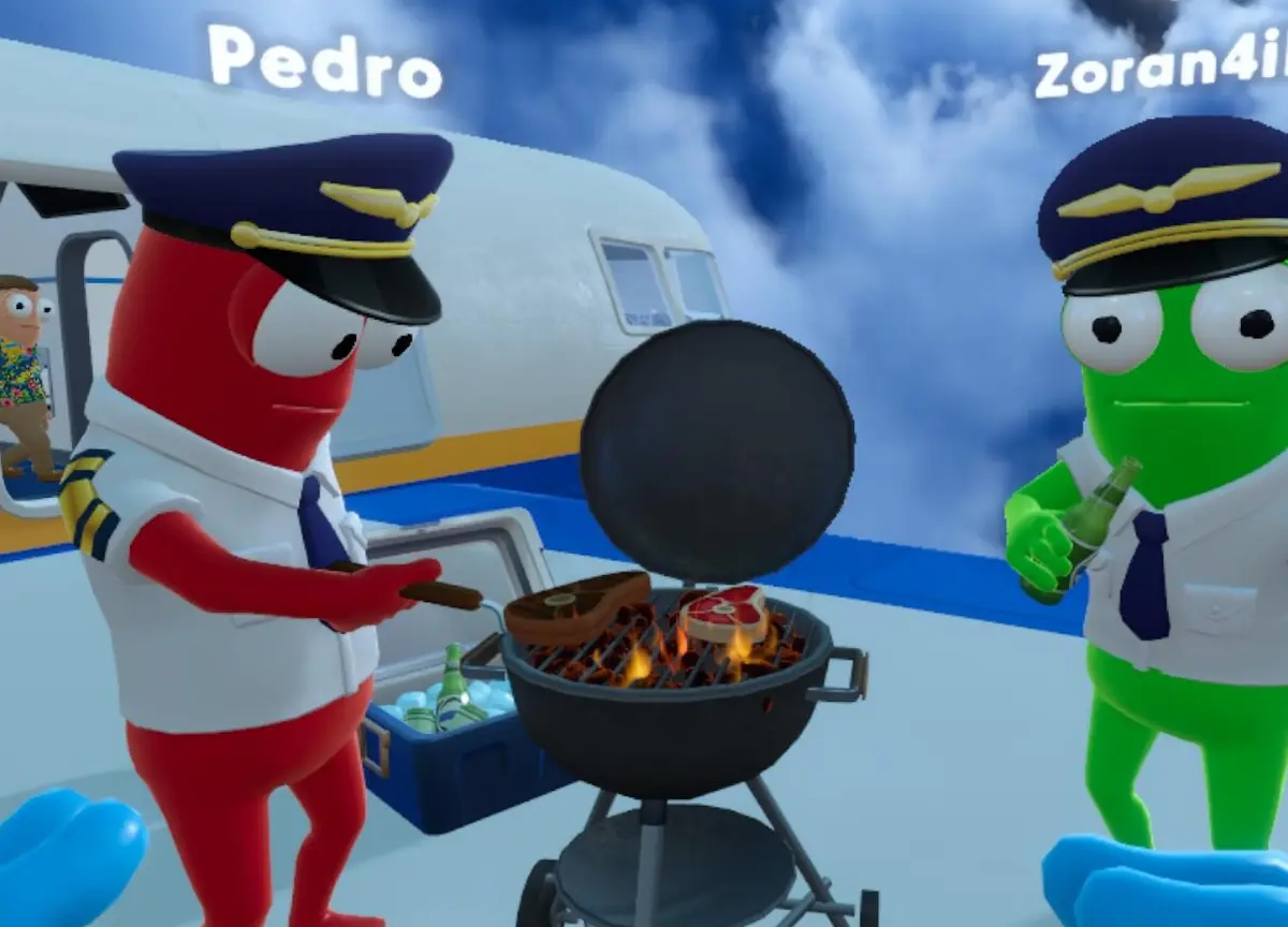 Red and green captains grilling steaks on a barbecue above the clouds