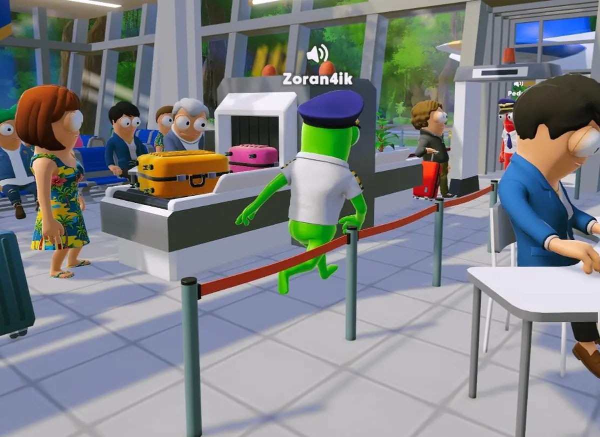 Green pilot running past the X-ray scanner with suitcases on the conveyor belt