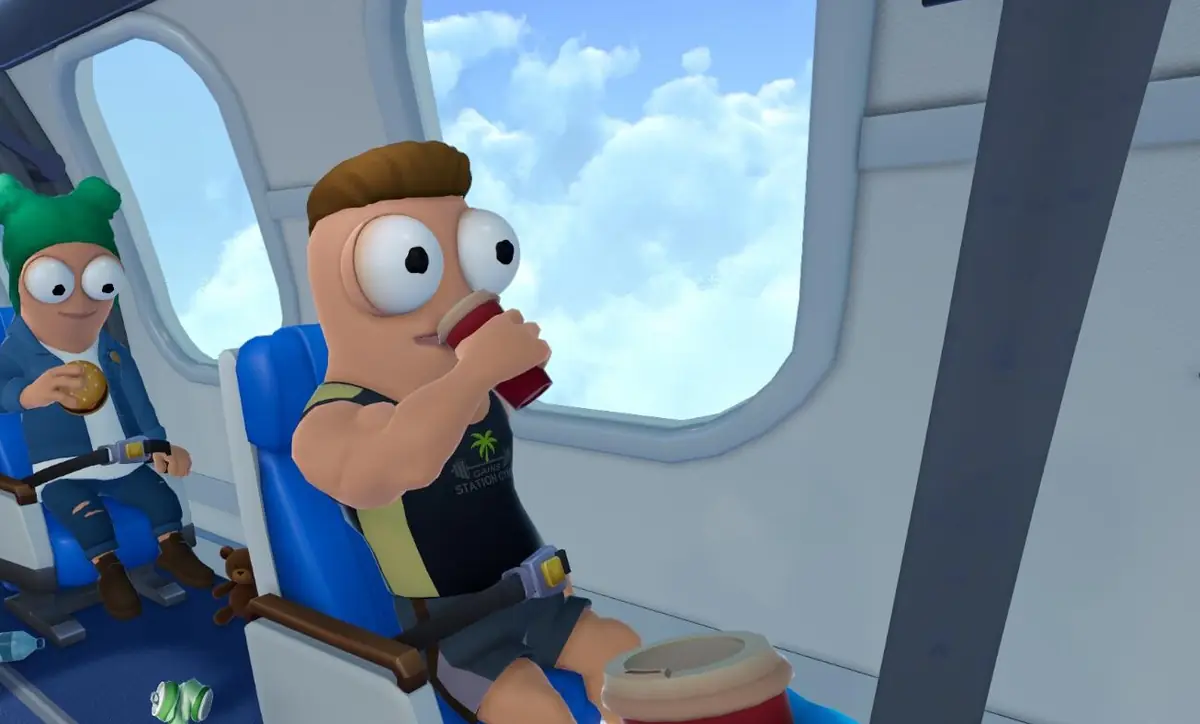 Passengers eating and drinking while a green steward stands in the cabin aisle